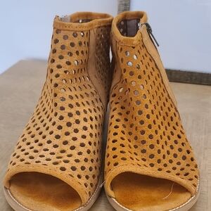 Perforated Open-Toe Suede Sandals in Mustard
